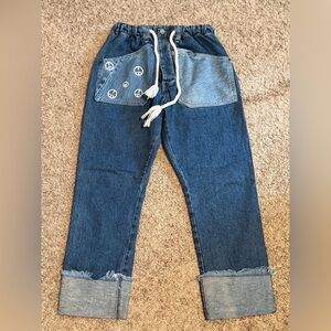 Dr. Collectors Denim Jogger Pants with Peace Sign Patches